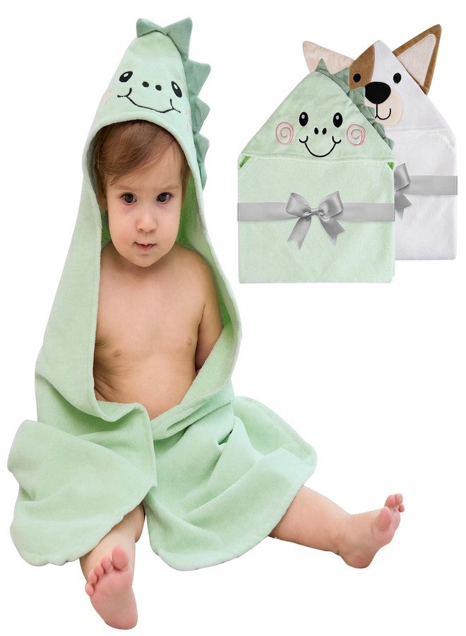 Mooreeke مناشف موريكي للأطفال الصغار (عبوة من قطعتين) - مناشف قطنية 100% للأطفال الصغار مزودة بغطاء للرأس - منشفة استحمام ناعمة للأطفال حديثي الولادة مزودة بغطاء للرأس - منشفة مريحة للأطفال الرضع من الجنسين - على شكل حيوانات (جرو وديناصور) - Image 1